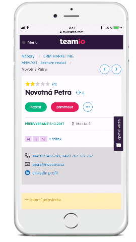Detail reakce uchazeče zobrazený v telefonu –Teamio
