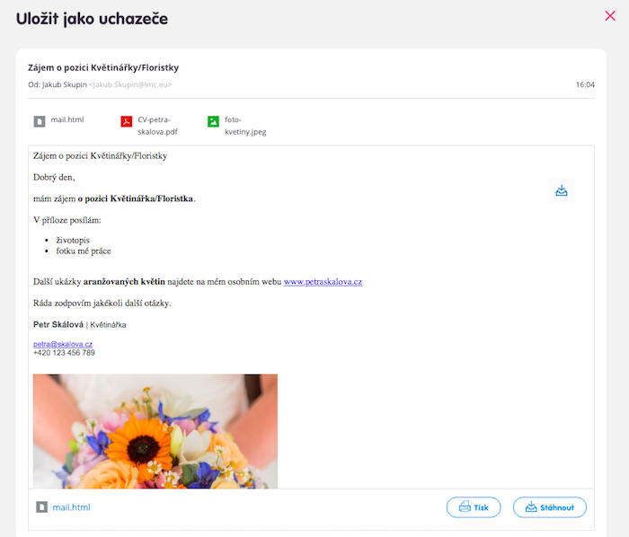 V Inboxu se zobrazuje formátovaný text.